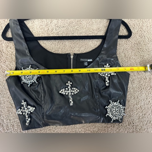 Fashion Nova Faux Leather Rhinestone Crop Top & Flare Pants Set | Black | M - Picture 14 of 15
